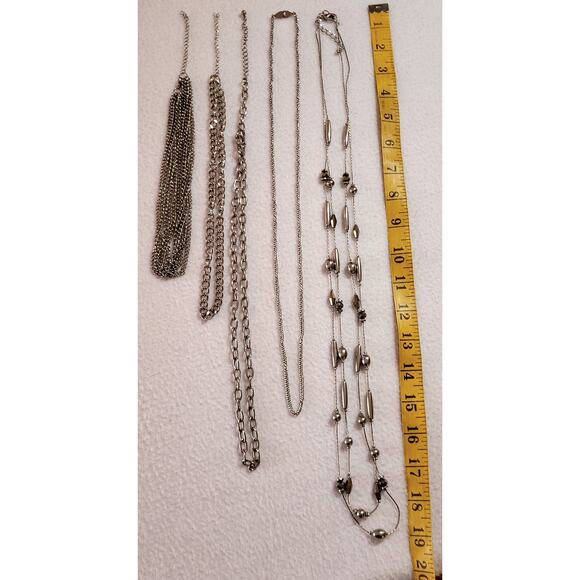 5 Pc Silvertone Necklace Lot Choker Multi Strand Chain Layers Y2K Minimalist - Picture 2 of 5